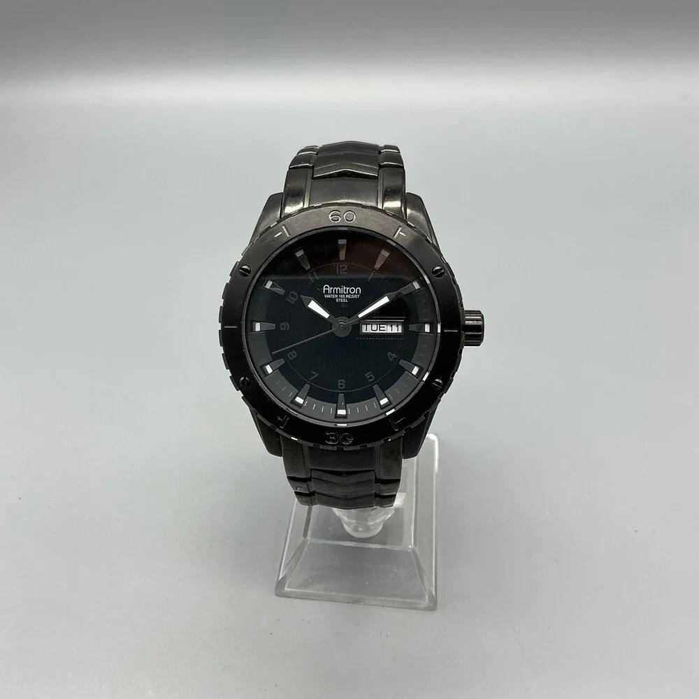 Armitron 20/4833HT Men Watch 43mm Black Dial Black Steel Day Date New Battery 7
